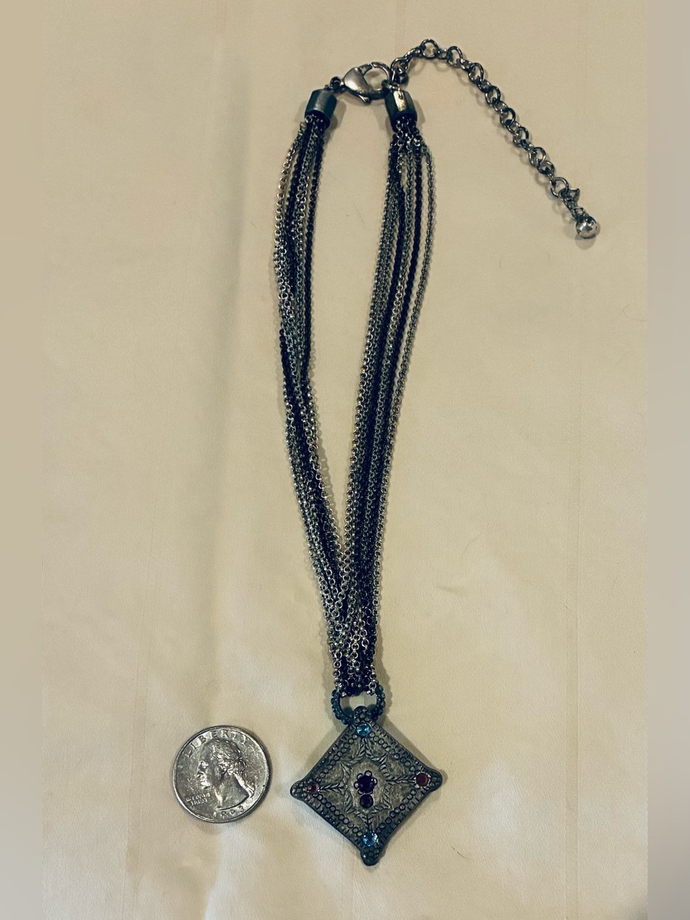 Chico’s Vintage Multi-Chain Necklace w/ Diamond shaped Colored Gem Accent.